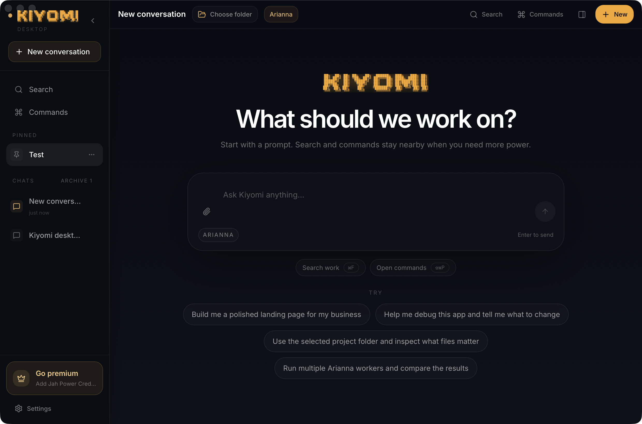 Kiyomi desktop app home screen