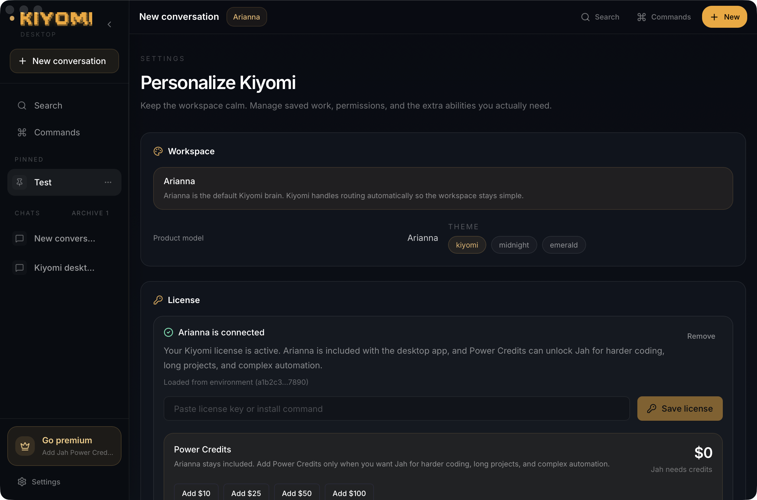 Kiyomi desktop settings and premium options